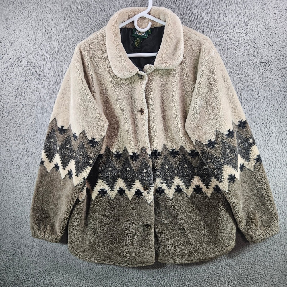 Cabelas Womens XL Sherpa Fleece Jacket Southwestern Aztec Button Up Coat Tan